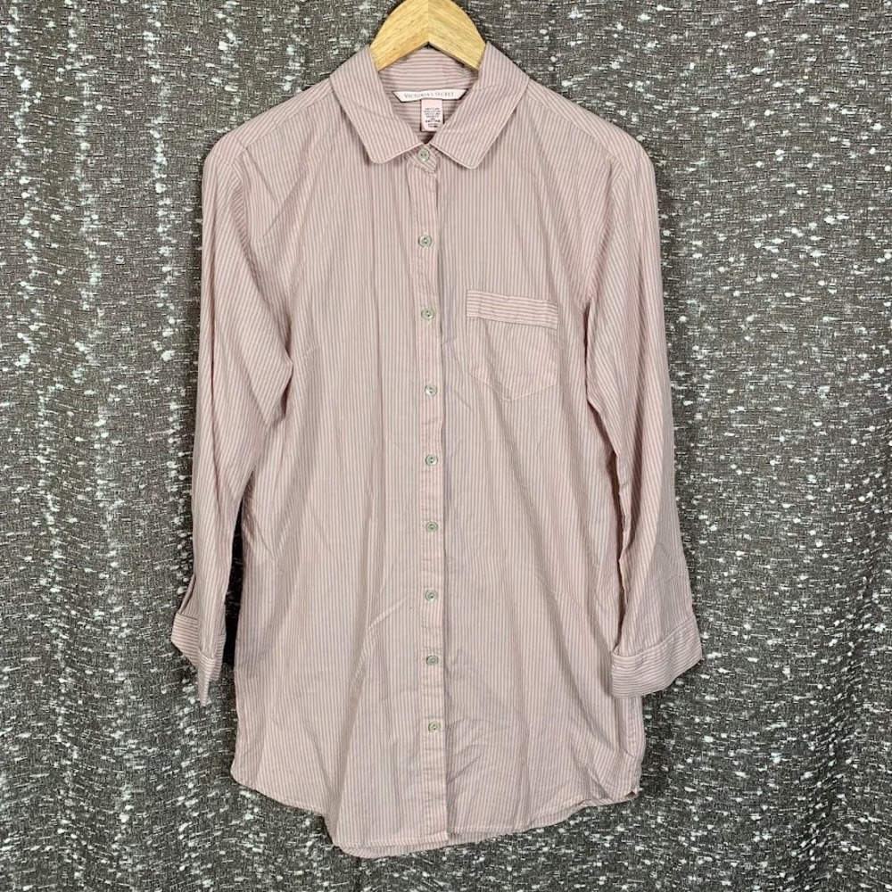 Victoria's Secret Pink White Pinstripe Long Sleeve Button Up Sleep Shirt Small